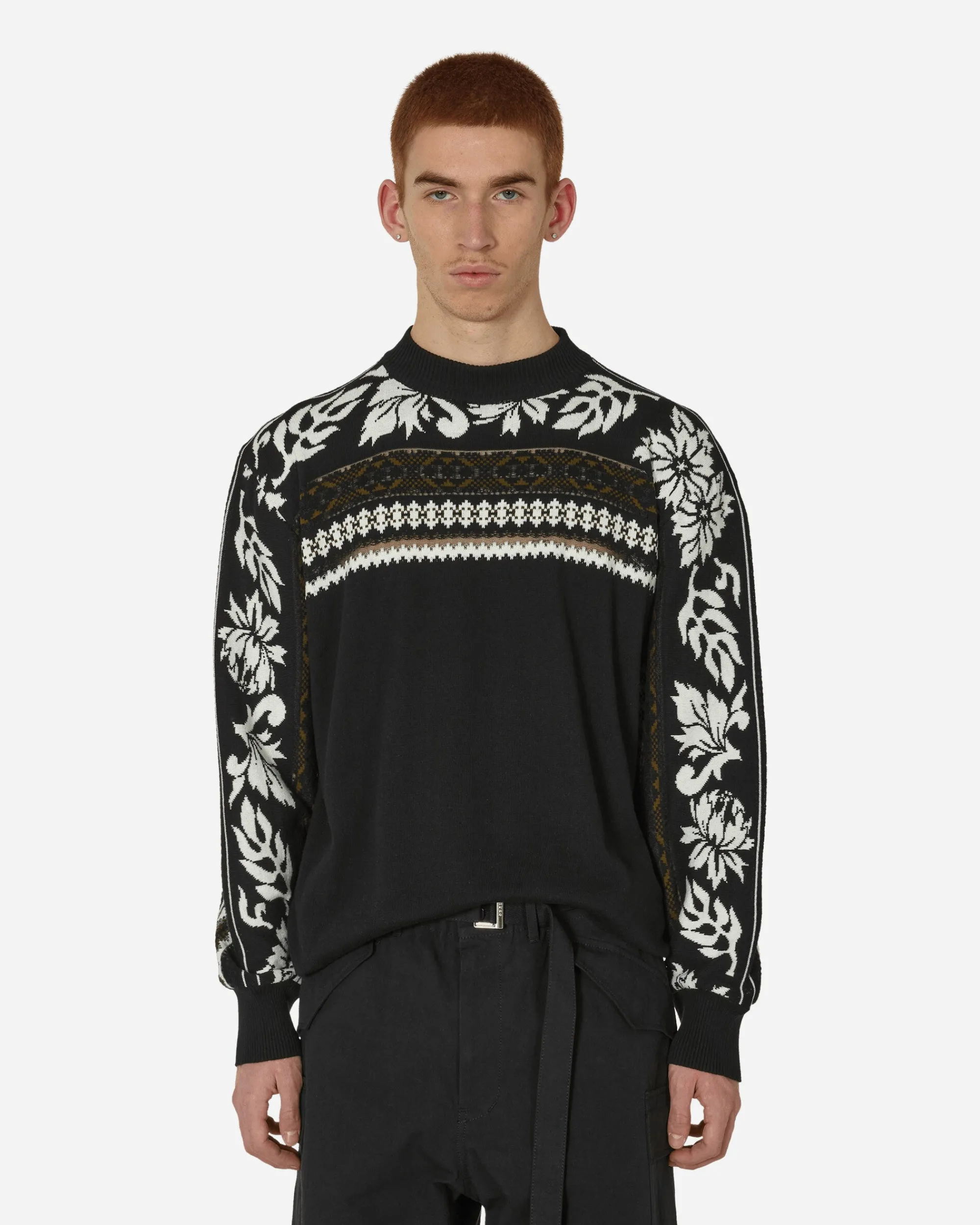 sacai Knitwear^Floral Jacquard Knit Sweater Black / Off White