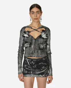 MARRKNULL Knitwears^Floral Rib Cardigan Black