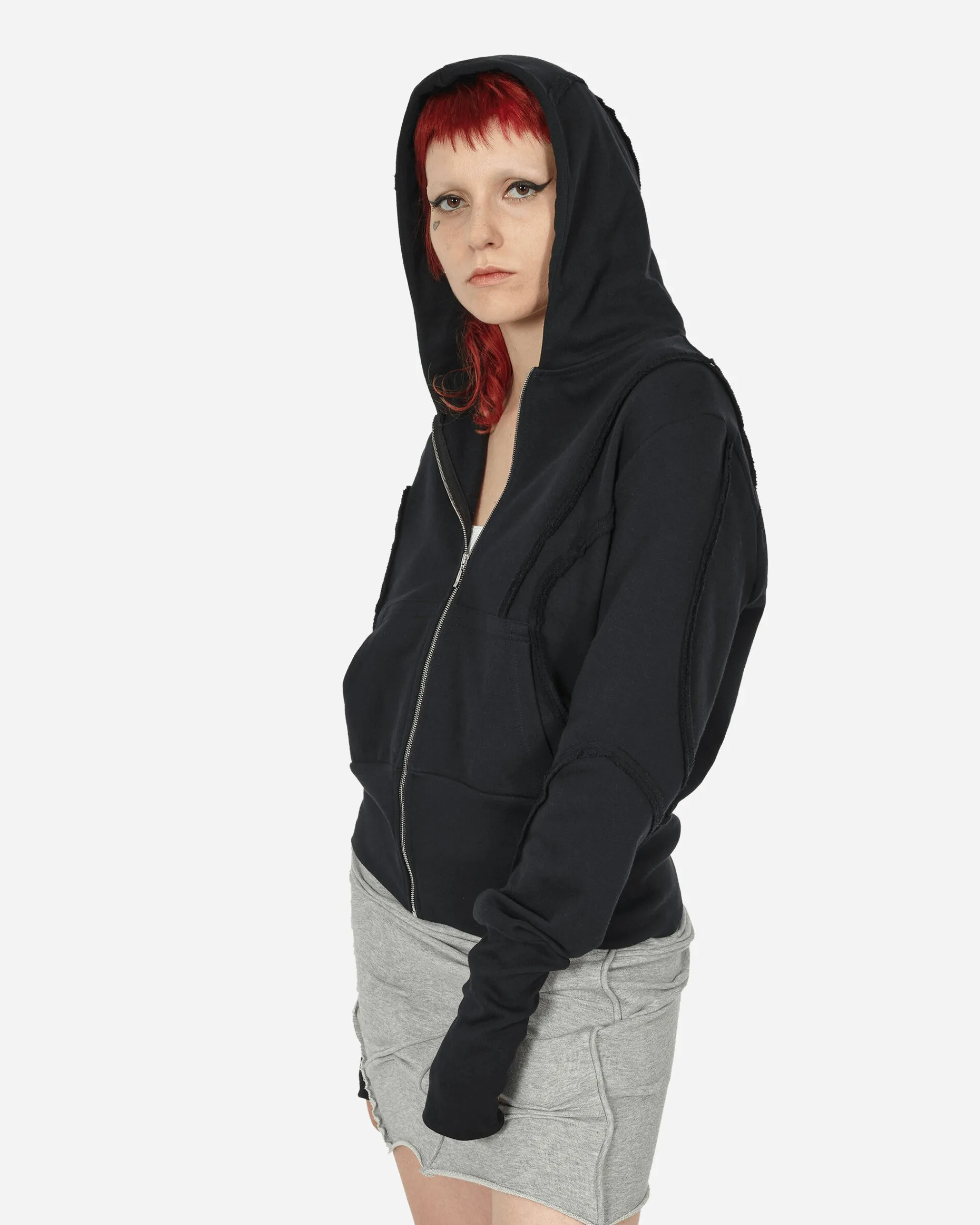 Mainline:RUS/Fr.CA/DE Sweatshirts^Fraying Detail Zip Up Hooded Sweatshirt Black