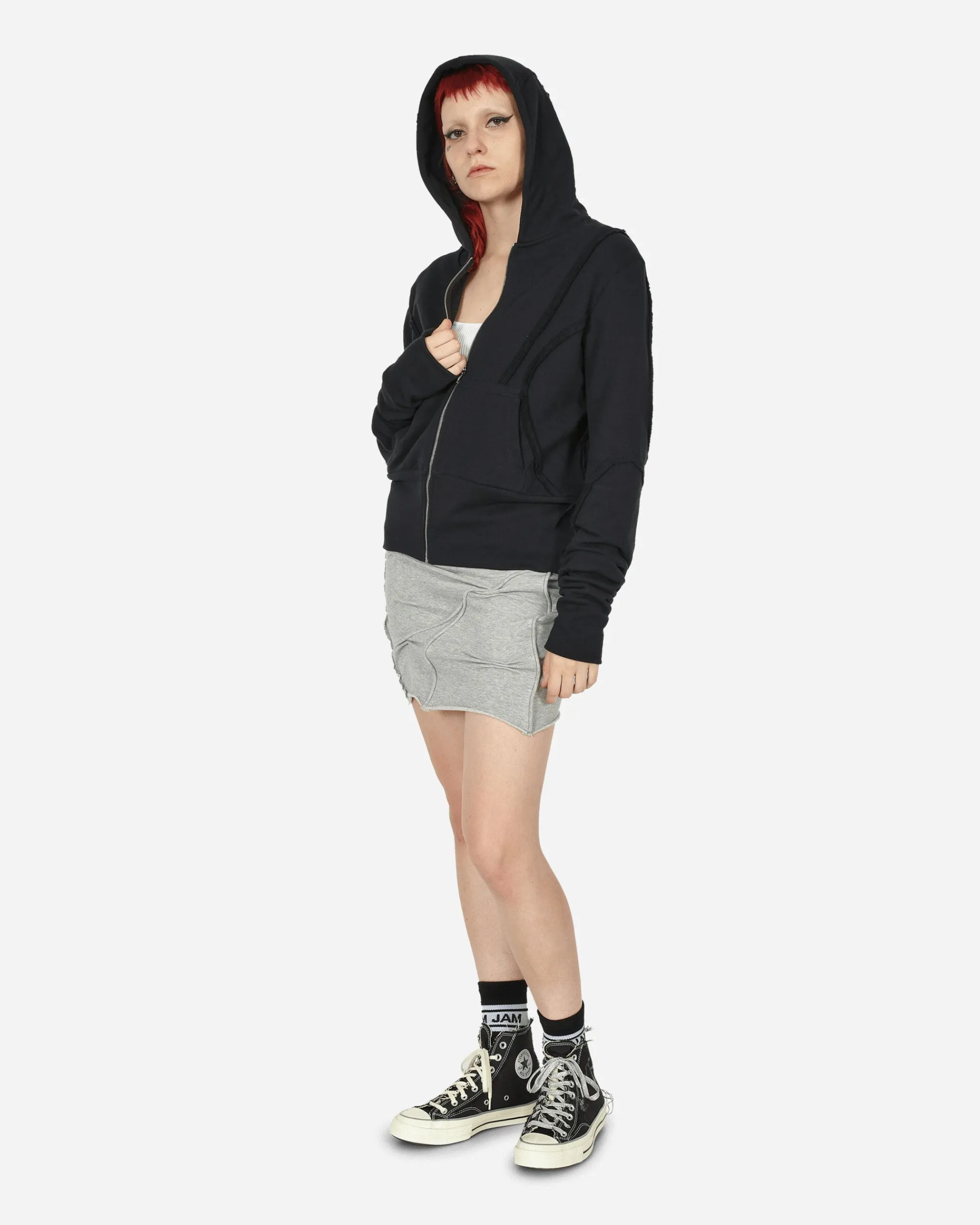 Mainline:RUS/Fr.CA/DE Sweatshirts^Fraying Detail Zip Up Hooded Sweatshirt Black