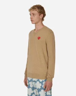 Comme Des Garçons Play Knitwear^Invader Heart V-Neck Sweater Beige