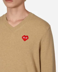 Comme Des Garçons Play Knitwear^Invader Heart V-Neck Sweater Beige