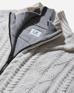 C.P. Company Knitwear^Men's Cotton Chenille Double Intarsia Zipped Knit White