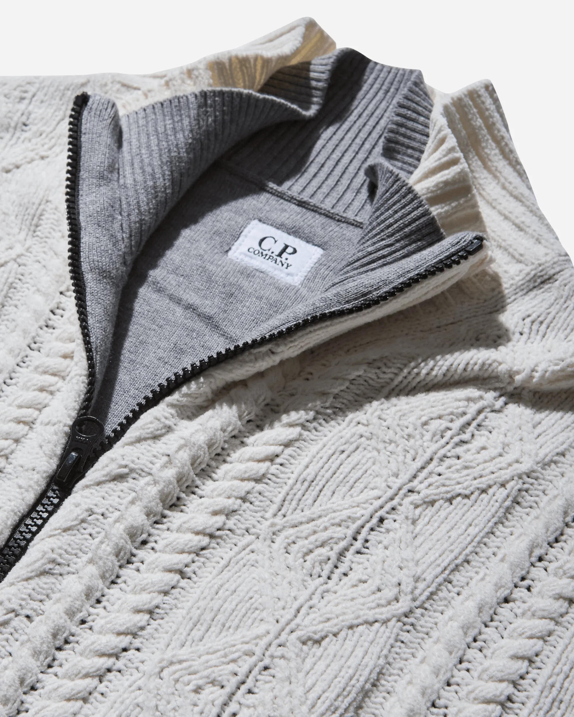 C.P. Company Knitwear^Men's Cotton Chenille Double Intarsia Zipped Knit White