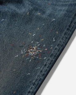 Undercover Pants^Men's Cross Embroidery Distressed Denim Pants Light Blue Indigo