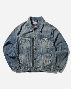 Guess USA Coats And Jackets^Men's Lined Zip-Up Trucker Jacket Coated Used Indigo