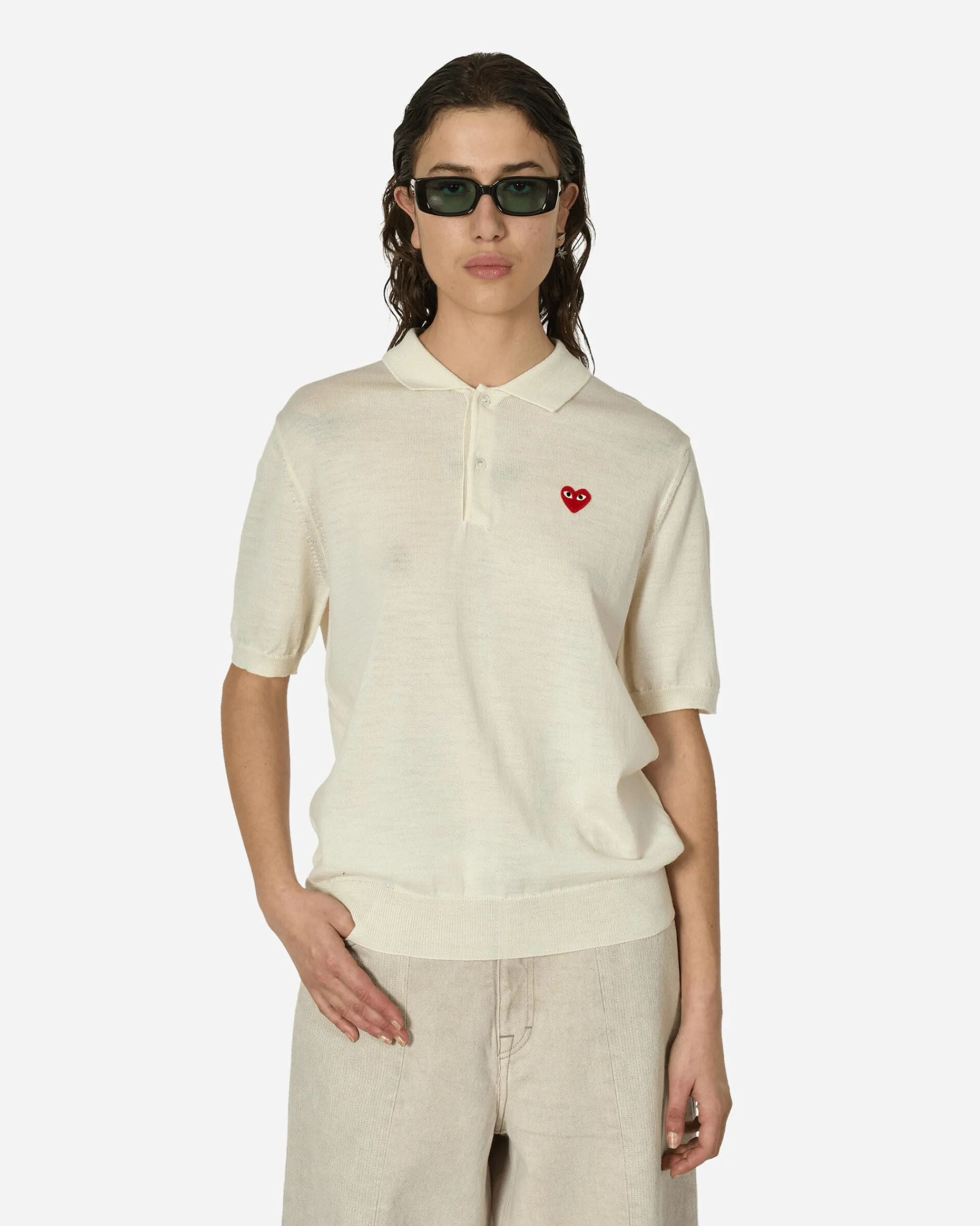Comme Des Garçons Play Knitwears^Red Heart Polo Sweater Off White