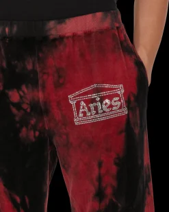 Aries Pants^Rhinestone Velour Sweatpants Red