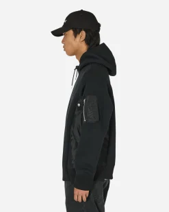 sacai Sweatshirts^Sponge Sweat x Nylon Twill Hooded Sweatshirt Black / Black