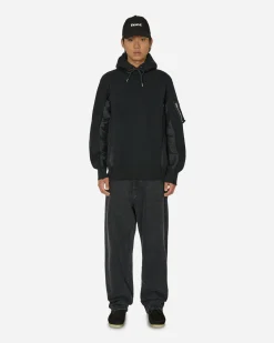 sacai Sweatshirts^Sponge Sweat x Nylon Twill Hooded Sweatshirt Black / Black