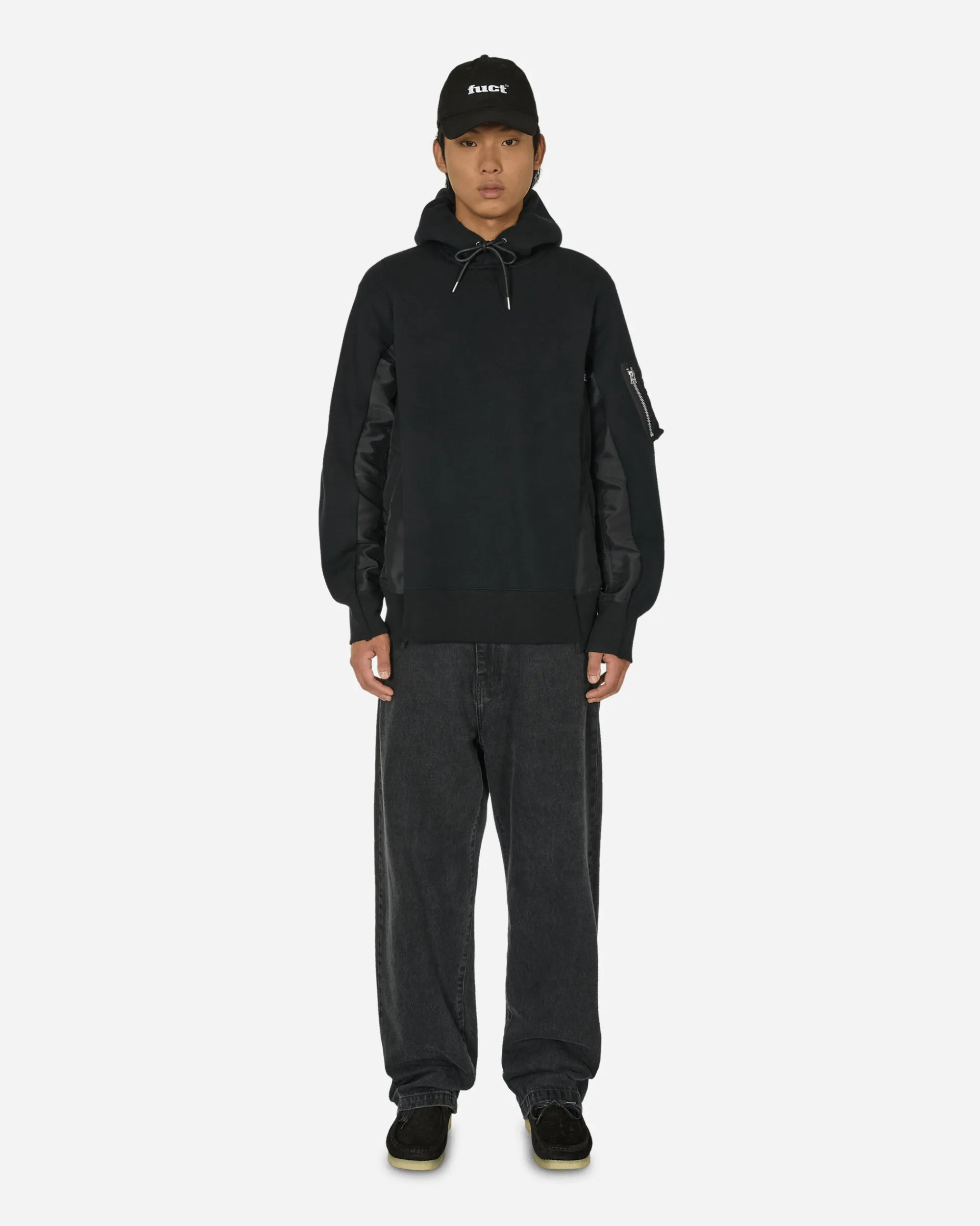 sacai Sweatshirts^Sponge Sweat x Nylon Twill Hooded Sweatshirt Black / Black