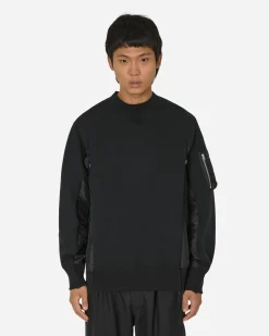 sacai Sweatshirts^Sponge Sweat x Nylon Twill Crewneck Sweatshirt Black / Black