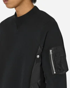 sacai Sweatshirts^Sponge Sweat x Nylon Twill Crewneck Sweatshirt Black / Black