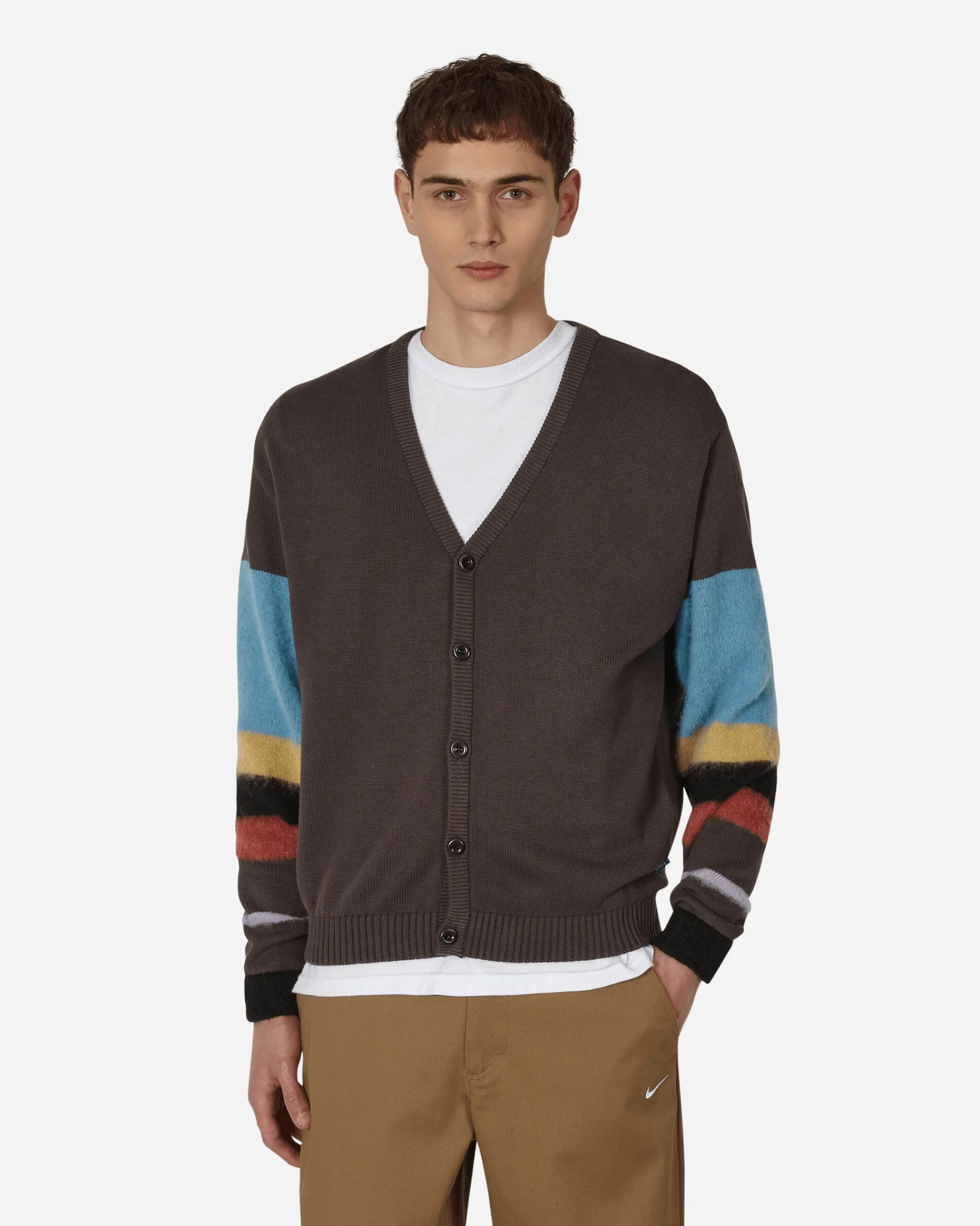 Awake NY Knitwear^Striped Mohair Sleeve Cardigan Brown